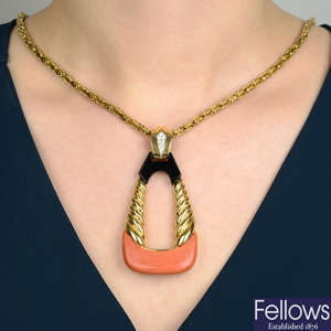 A 1970s 18ct gold coral, onyx and diamond pendant, on chain, by Kutchinsky.