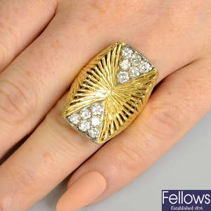 A 1970s 18ct gold brilliant-cut diamond and textured, openwork dress ring, by Kutchinsky.
