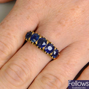 A late Victorian gold Burmese sapphire five-stone ring.