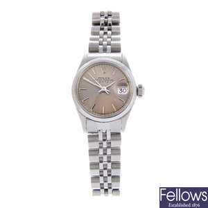 ROLEX - a lady's stainless steel Oyster Perpetual Date bracelet watch.