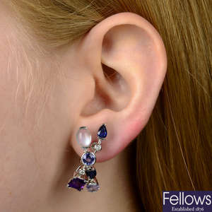 A pair of 18ct gold sapphire, moonstone, spinel, amethyst and diamond cross motif earrings.