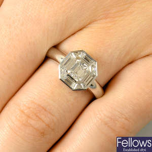 A platinum vari-cut diamond octagonal cluster ring.