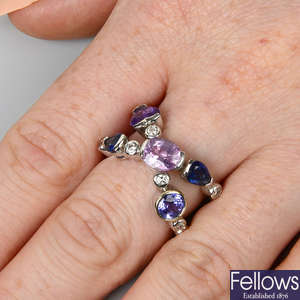 An 18ct gold diamond, pink spinel, tanzanite, blue sapphire and amethyst dress ring.