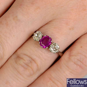A Burmese ruby and diamond three-stone ring.