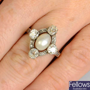 A pearl and diamond cluster ring.
