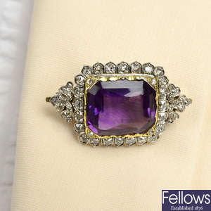 A late 19th century silver and gold, amethyst and old-cut diamond cluster brooch.