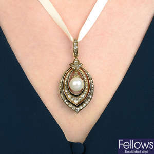 A natural pearl, rose-cut diamond and black enamel pendant.