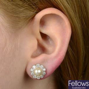 A pair of cultured pearl and brilliant-cut diamond scalloped cluster earrings.