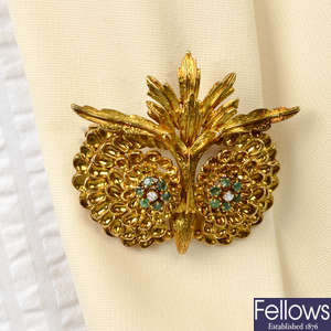 A mid 20th century owl brooch, with diamond and emerald eyes, by Ilias Lalaounis.