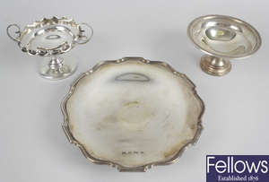 A 1930's silver tazza dish, together with four other early 20th century pedestal dishes & a bud vase. (6).
