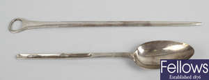 A George III silver marrow spoon/scoop, together with a later George III meat skewer. (2). 