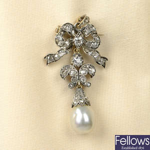 A late Victorian silver and gold, natural pearl and diamond bow pendant.