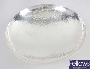 A modern planished silver footed dish by Mappin & Webb, cased.