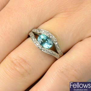 A platinum blue tourmaline and diamond ring.