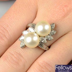 A mid 20th century cultured pearl and diamond floral dress ring, by Vourakis.