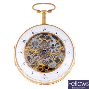 A yellow metal open face quarter repeater pocket watch.