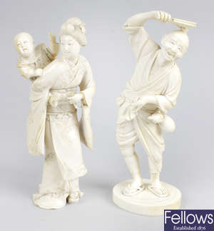 A 19th century carved ivory okimono, together with another similar example.