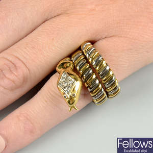 A single-cut diamond bi-colour snake ring.