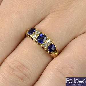 A late Victorian 18ct gold sapphire three-stone and diamond spacer ring.