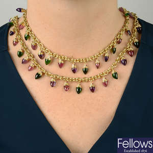 A diamond, amethyst, ruby, pink and green tourmaline necklace.