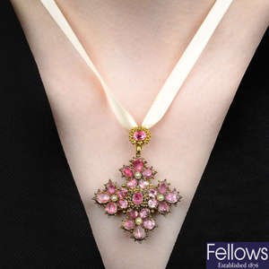 A mid Victorian gold foil back pink topaz cross pendant