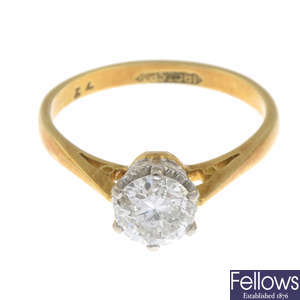 A brilliant-cut diamond single-stone ring.