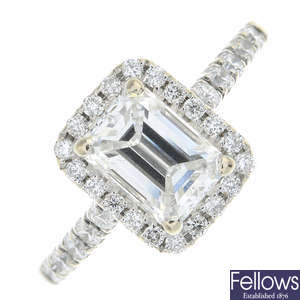 An 18ct gold rectangular-shape diamond single-stone ring.