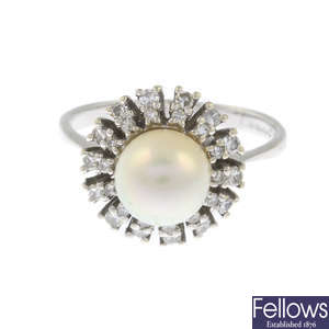 An 18ct gold cultured pearl and single-cut diamond spray ring.