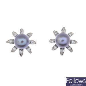 A pair of grey cultured pearl and brilliant-cut diamond cluster earrings.