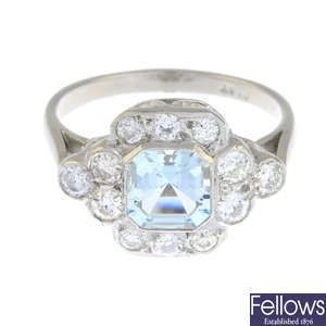 An aquamarine and old-cut diamond cluster ring.