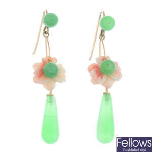 A pair of dyed jade and coral drop earrings.
