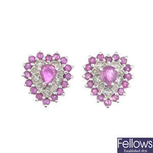 A pair of 9ct gold ruby and diamond heart-shape cluster earrings.
