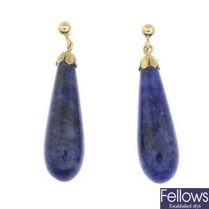 A pair of 9ct gold lapis lazuli earrings.