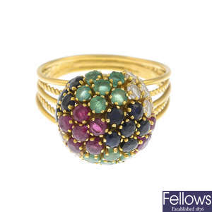 A ruby, sapphire, emerald and colourless gem bombe ring.
