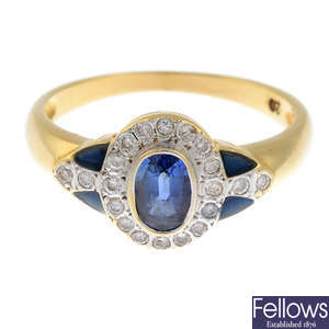 A 14ct gold sapphire, diamond and enamel dress ring.