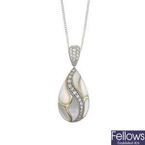 A mother-of-pearl and brilliant-cut diamond pendant, suspended form a 9ct gold chain.