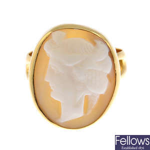 A shell cameo ring, with late Victorian 18ct gold band replacement.