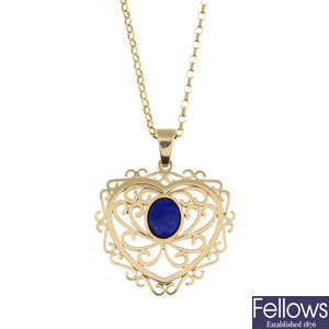 A 9ct gold lapis lazuli openwork pendant, with chain.