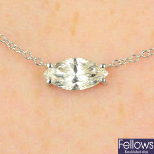 An 18ct gold marquise-shape diamond single-stone necklace.