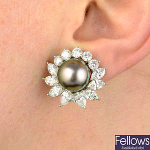 A pair of Tahitian cultured pearl and diamond cluster earrings, by Tiffany & Co.