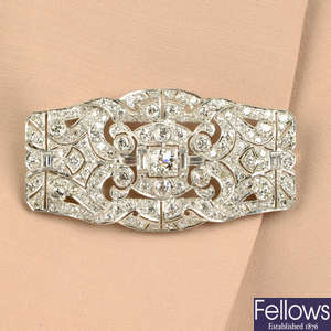 A mid 20th century platinum vari-cut diamond brooch.