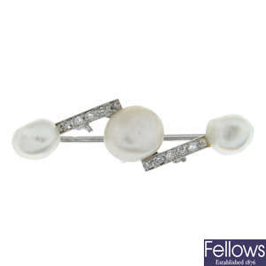 A mid 20th century cultured pearl and old-cut diamond brooch.