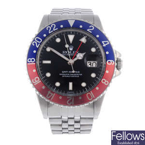 ROLEX - a gentleman's stainless steel Oyster Perpetual GMT-Master bracelet watch.