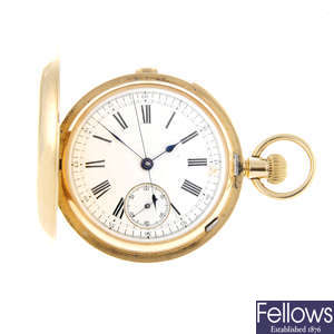 A yellow metal repeater centre seconds full hunter pocket watch.