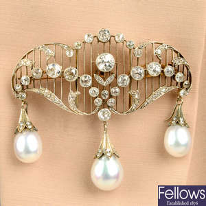 An early 20th century silver and gold old-cut diamond brooch, with later cultured pearl drops.