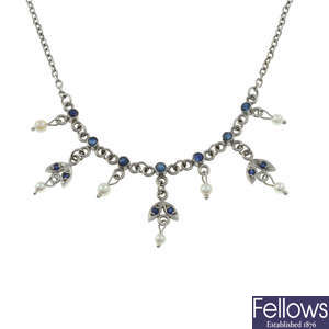 A sapphire and cultured pearl fringe necklace.