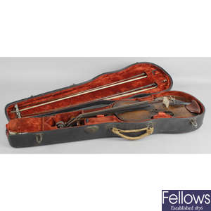 A violin, in fitted case, together with two bows each with impressed names 'Voirin' and 'Bausche'.