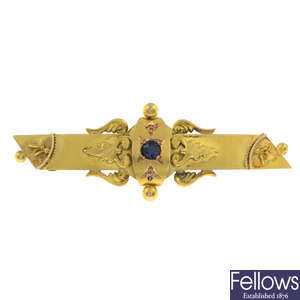 A late Victorian 9ct gold blue gem brooch.