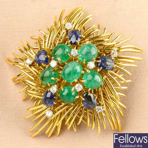 A mid 20th century emerald, sapphire and diamond brooch, by Cartier.