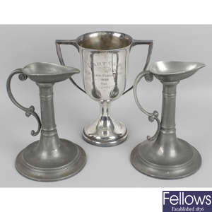 A mixed selection of assorted silver plate, pewter candlesticks, a Royal Crown Derby tea set, etc.